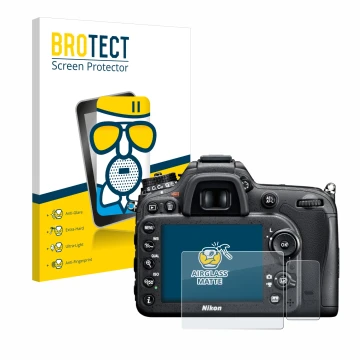Parte frontal de un envase de producto con el logotipo de la marca BROTECT. Al lado se muestra el dispositivo Nikon D7100 con 