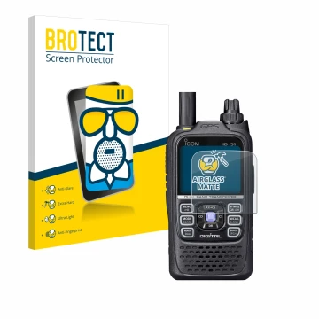 Parte frontal de un envase de producto con el logotipo de la marca BROTECT. Al lado se muestra el dispositivo Icom ID-51 con s