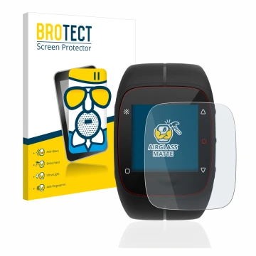 Parte frontal de un envase de producto con el logotipo de la marca BROTECT. Al lado se muestra el dispositivo Polar M400 con s