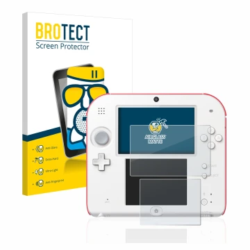 Parte frontal de un envase de producto con el logotipo de la marca BROTECT. Al lado se muestra el dispositivo Nintendo 2DS con