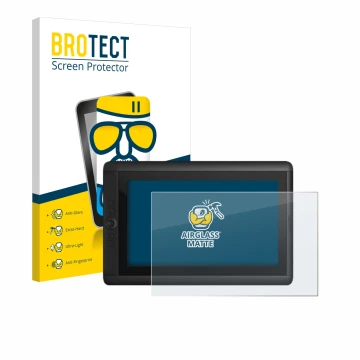 Parte frontal de un envase de producto con el logotipo de la marca BROTECT. Al lado se muestra el dispositivo Wacom Cintiq 13 