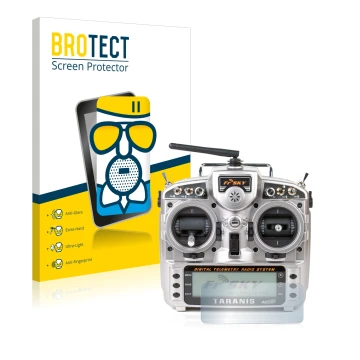 Parte frontal de un envase de producto con el logotipo de la marca BROTECT. Al lado se muestra el dispositivo FrSky Taranis X9