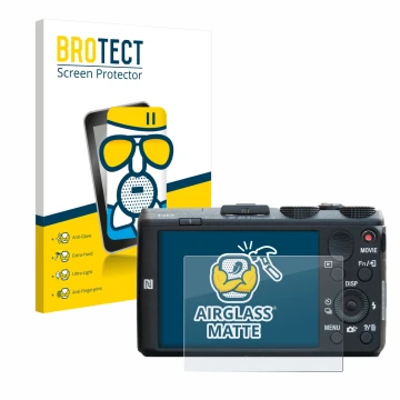 Parte frontal de un envase de producto con el logotipo de la marca BROTECT. Al lado se muestra el dispositivo Sony Cyber-Shot 