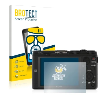 Parte frontal de un envase de producto con el logotipo de la marca BROTECT. Al lado se muestra el dispositivo Sony Cyber-Shot 