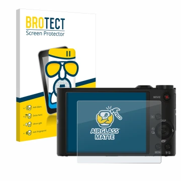 Parte frontal de un envase de producto con el logotipo de la marca BROTECT. Al lado se muestra el dispositivo Sony Cyber-Shot 