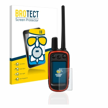 Parte frontal de un envase de producto con el logotipo de la marca BROTECT. Al lado se muestra el dispositivo Garmin Alpha 100