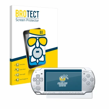 Parte frontal de un envase de producto con el logotipo de la marca BROTECT. Al lado se muestra el dispositivo Sony PSP 2004 co