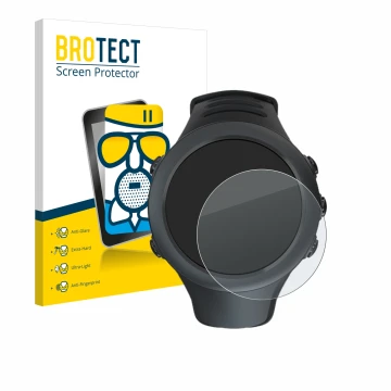 Parte frontal de un envase de producto con el logotipo de la marca BROTECT. Al lado se muestra el dispositivo Suunto Ambit3 Sp