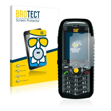 Parte frontal de un envase de producto con el logotipo de la marca BROTECT. Al lado se muestra el dispositivo Caterpillar Cat 
