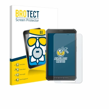 Parte frontal de un envase de producto con el logotipo de la marca BROTECT. Al lado se muestra el dispositivo Samsung Galaxy T