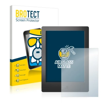 Parte frontal de un envase de producto con el logotipo de la marca BROTECT. Al lado se muestra el dispositivo Kobo Aura H2O co