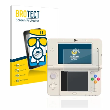 Parte frontal de un envase de producto con el logotipo de la marca BROTECT. Al lado se muestra el dispositivo Nintendo New 3DS
