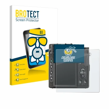 Parte frontal de un envase de producto con el logotipo de la marca BROTECT. Al lado se muestra el dispositivo Fujifilm X10 con