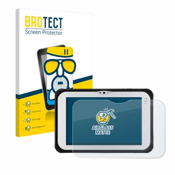 Parte frontal de un envase de producto con el logotipo de la marca BROTECT. Al lado se muestra el dispositivo Panasonic Toughp