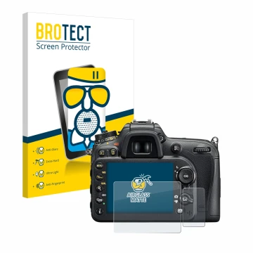 Parte frontal de un envase de producto con el logotipo de la marca BROTECT. Al lado se muestra el dispositivo Nikon D7200 con 