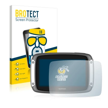 Parte frontal de un envase de producto con el logotipo de la marca BROTECT. Al lado se muestra el dispositivo TomTom Rider 400