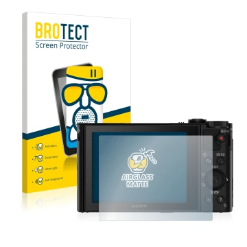 Parte frontal de un envase de producto con el logotipo de la marca BROTECT. Al lado se muestra el dispositivo Sony Cyber-Shot 