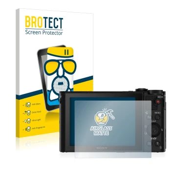 Parte frontal de un envase de producto con el logotipo de la marca BROTECT. Al lado se muestra el dispositivo Sony Cyber-Shot 