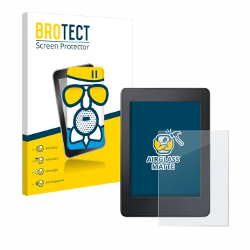 Parte frontal de un envase de producto con el logotipo de la marca BROTECT. Al lado se muestra el dispositivo Amazon Kindle Pa