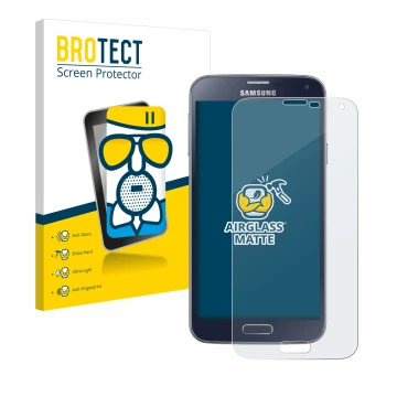 Parte frontal de un envase de producto con el logotipo de la marca BROTECT. Al lado se muestra el dispositivo Samsung Galaxy S