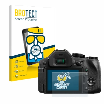 Parte frontal de un envase de producto con el logotipo de la marca BROTECT. Al lado se muestra el dispositivo Panasonic Lumix 