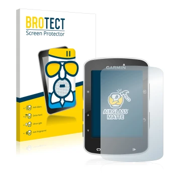 Parte frontal de un envase de producto con el logotipo de la marca BROTECT. Al lado se muestra el dispositivo Garmin Edge 520 