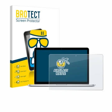 Parte frontal de un envase de producto con el logotipo de la marca BROTECT. Al lado se muestra el dispositivo Apple MacBook Re