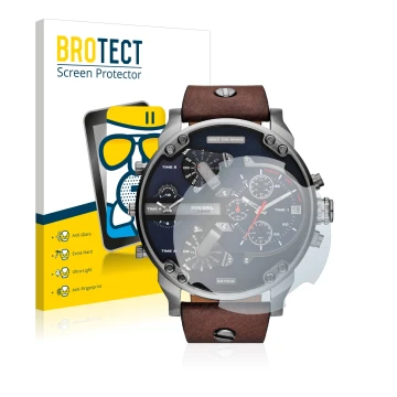 Parte frontal de un envase de producto con el logotipo de la marca BROTECT. Al lado se muestra el dispositivo Diesel DZ7314 Mr