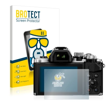 Parte frontal de un envase de producto con el logotipo de la marca BROTECT. Al lado se muestra el dispositivo Olympus OM-D E-M