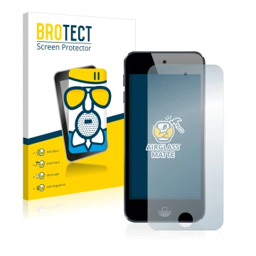 Parte frontal de un envase de producto con el logotipo de la marca BROTECT. Al lado se muestra el dispositivo Apple iPod Touch