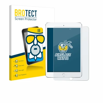 Parte frontal de un envase de producto con el logotipo de la marca BROTECT. Al lado se muestra el dispositivo Apple iPad Mini 