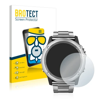 Parte frontal de un envase de producto con el logotipo de la marca BROTECT. Al lado se muestra el dispositivo Garmin Fenix 3 S