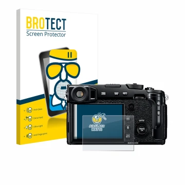 Parte frontal de un envase de producto con el logotipo de la marca BROTECT. Al lado se muestra el dispositivo Fujifilm X-Pro2 
