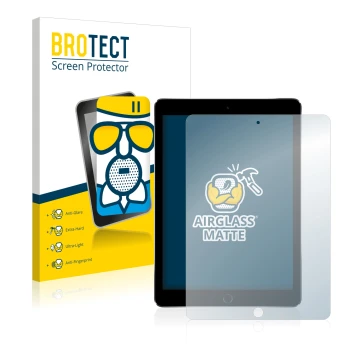 Parte frontal de un envase de producto con el logotipo de la marca BROTECT. Al lado se muestra el dispositivo Apple iPad Pro 9