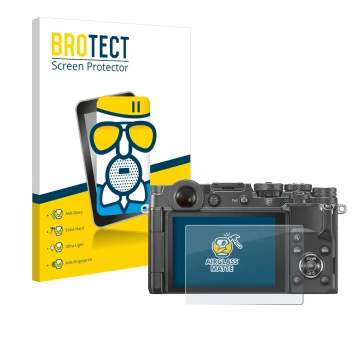 Parte frontal de un envase de producto con el logotipo de la marca BROTECT. Al lado se muestra el dispositivo Olympus PEN-F co