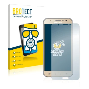 Parte frontal de un envase de producto con el logotipo de la marca BROTECT. Al lado se muestra el dispositivo Samsung Galaxy J