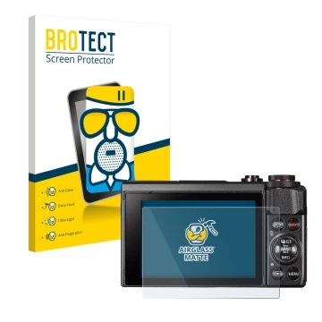 Parte frontal de un envase de producto con el logotipo de la marca BROTECT. Al lado se muestra el dispositivo Canon PowerShot 