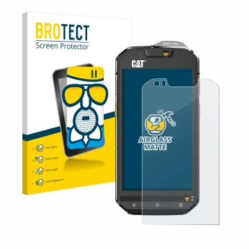 Parte frontal de un envase de producto con el logotipo de la marca BROTECT. Al lado se muestra el dispositivo Caterpillar Cat 