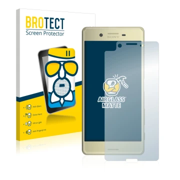Parte frontal de un envase de producto con el logotipo de la marca BROTECT. Al lado se muestra el dispositivo Sony Xperia X co
