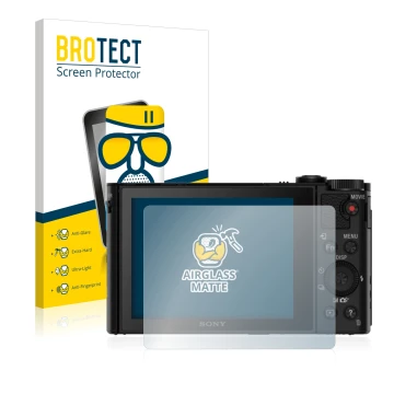 Parte frontal de un envase de producto con el logotipo de la marca BROTECT. Al lado se muestra el dispositivo Sony Cyber-Shot 