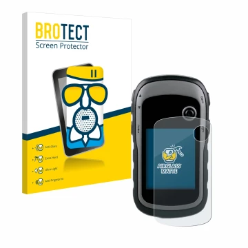 Parte frontal de un envase de producto con el logotipo de la marca BROTECT. Al lado se muestra el dispositivo Garmin eTrex 30x