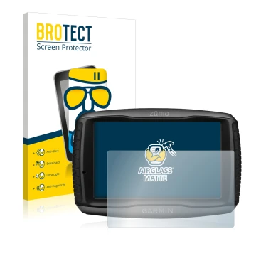 Parte frontal de un envase de producto con el logotipo de la marca BROTECT. Al lado se muestra el dispositivo Garmin zumo 595L