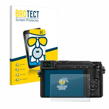 Parte frontal de un envase de producto con el logotipo de la marca BROTECT. Al lado se muestra el dispositivo Panasonic Lumix 