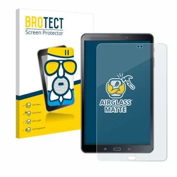 Parte frontal de un envase de producto con el logotipo de la marca BROTECT. Al lado se muestra el dispositivo Samsung Galaxy T
