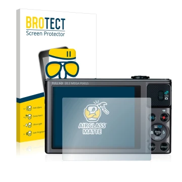 Parte frontal de un envase de producto con el logotipo de la marca BROTECT. Al lado se muestra el dispositivo Canon PowerShot 