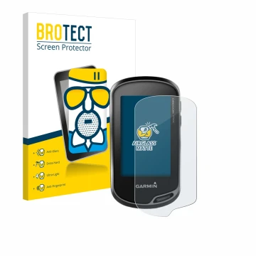Parte frontal de un envase de producto con el logotipo de la marca BROTECT. Al lado se muestra el dispositivo Garmin Oregon 75
