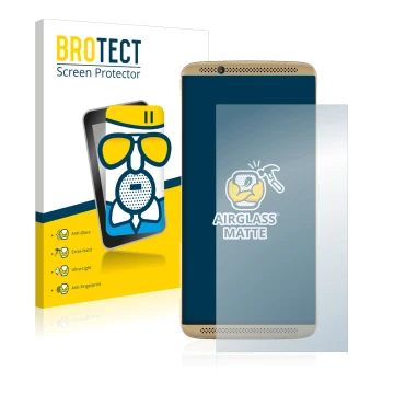 Parte frontal de un envase de producto con el logotipo de la marca BROTECT. Al lado se muestra el dispositivo ZTE Axon 7 con s