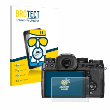 Parte frontal de un envase de producto con el logotipo de la marca BROTECT. Al lado se muestra el dispositivo Fujifilm X-T2 co
