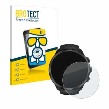 Parte frontal de un envase de producto con el logotipo de la marca BROTECT. Al lado se muestra el dispositivo Suunto Spartan S