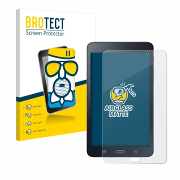 Parte frontal de un envase de producto con el logotipo de la marca BROTECT. Al lado se muestra el dispositivo Samsung Galaxy T